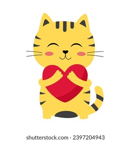 Cute cat hugging red heart cartoon character on white background.