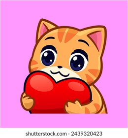 a cute cat hugging red heart love emotes sticker vector cartoon illustration