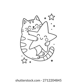 Cute Cat Umarmung ein Smiling Star - Adorable Line Art Coloring Illustration.
Eine süße minimalistische Schwarz-Weiß-Zeichnung mit einem glücklichen Kätzchen, das einen fröhlichen Stern kuschelt