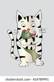 Cute Cat  Hugs a Fish. Hand drawing illustration.