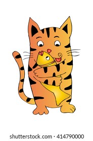 Cute Cat  Hugs a Fish. Hand drawing illustration.
