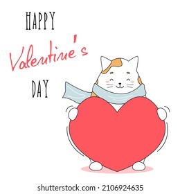 Cute cat hugs red heart. Lovely pets in love. Searching for romantic partner. Valentine's day, Saint Valentine. Vector greeting card with lettering.