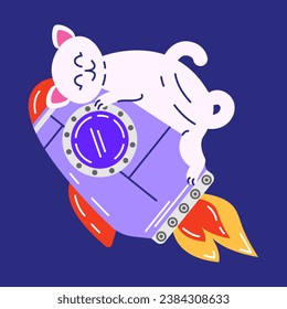 Un gato lindo abraza un cohete. Ilustración vectorial de un personaje de gato con un cohete volando en el espacio en forma plana.