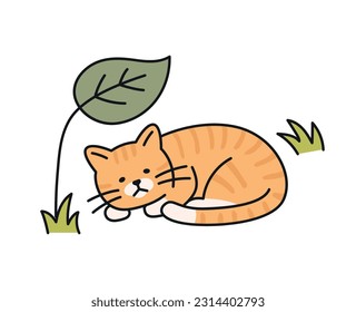 Cute cat. A hungry cat is lying under a leaf with a tired expression.