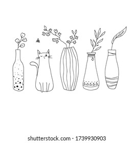 Un gato lindo cazando una abeja entre los jarrones. Ilustración dibujada a mano por vectores.