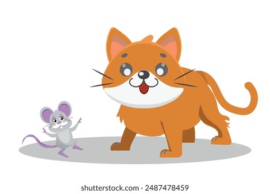 cute cat hunting mouse, scared mouse. vector illustration.