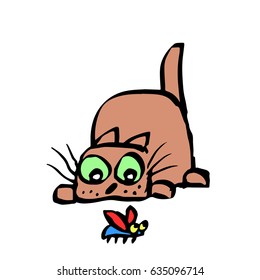 cute cat hunting on the beetle. vector illustration. cheerful pet and funny bug