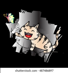 Cute cat hunts on a butterfly. Sketchy style.