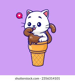 Cute Cat Ice Cream Cone Cartoon Vector Icon Illustration. Animal Food Icon Concept Isolated Premium Vector. Flat Cartoon Style
