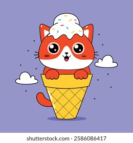 Cute Cat Ice Cream Cone Coloring Illustration