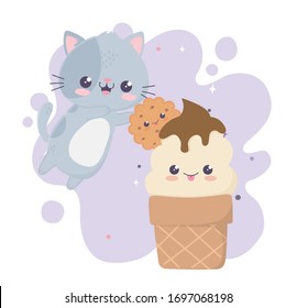 cute cat ice cream and cookie kawaii cartoon character vector illustration