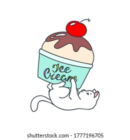 Cute cat with ice cream. Illustration of a happy white cat playing with a cup of ice cream. Vector 8 EPS.