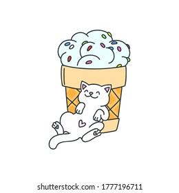 Cute cat with an ice cream. Illustration of a happy white cat sleeping near a waffle cup of ice cream. Vector 8 EPS.