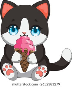 Gato Bonito Com Gatinho De Sorvete Comendo Vetor De Sorvete