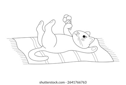 A cute cat with ice cream in its paw lies on a beach towel. Outline clip art for your projects.

