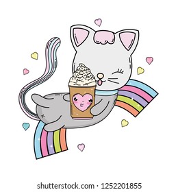 cute cat with ice cream in rainbow
