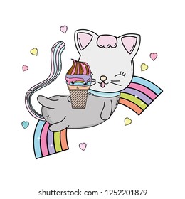 cute cat with ice cream in rainbow