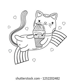 cute cat with ice cream in rainbow