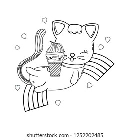 cute cat with ice cream in rainbow