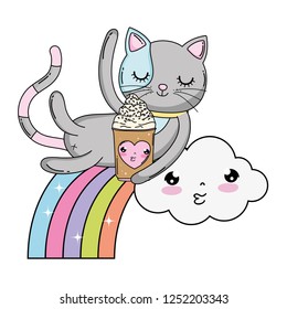 cute cat with ice cream in rainbow