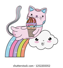 cute cat with ice cream in rainbow