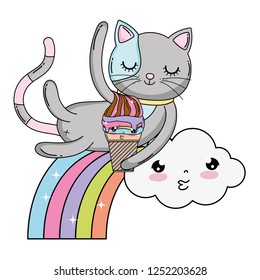 cute cat with ice cream in rainbow