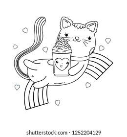 cute cat with ice cream in rainbow