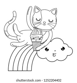 cute cat with ice cream in rainbow