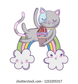 cute cat with ice cream in rainbow