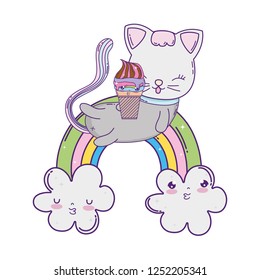 cute cat with ice cream in rainbow