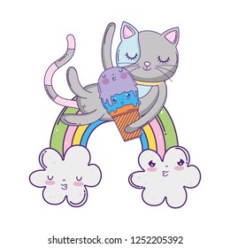 cute cat with ice cream in rainbow
