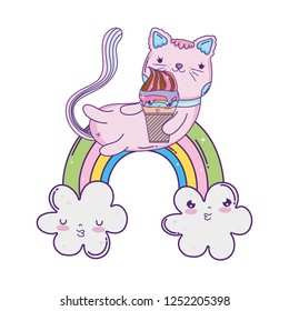 cute cat with ice cream in rainbow