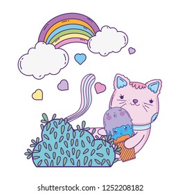 cute cat with ice cream in rainbow