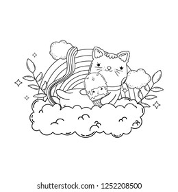 cute cat with ice cream in rainbow
