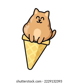 Cute cat ice cream sticker. Kawaii kitties in waffle cone. Happy animal cartoon character vector design for advertising. Summer, taste and food concept