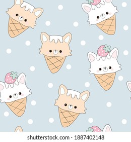 Cute cat ice cream with strawberry seamless pattern.