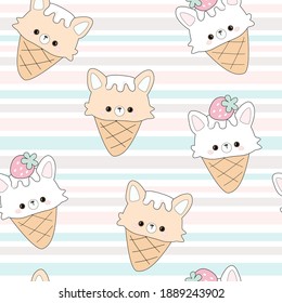 Cute cat ice cream with strawberry seamless pattern.