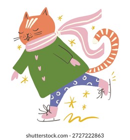 Niedliche Katze Eisfigur Skating Kitten im Winter Wonderland Boho handgezeichnet Stil Vektorgrafik Clip Art