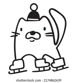 Cute cat ice skating. Outline icon illustration on white background. 