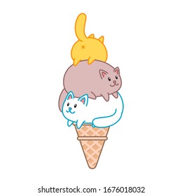 Cute cat ice-cream. Illustration of ice-creams looks like three kawaii kittens sitting on each other in a waffle cone. 
Vector 8 EPS.