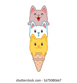 Cute cat ice-cream. Illustration of a  ice-cream looks like three kawaii kittens sitting in a waffle cone. Vector 8 EPS.