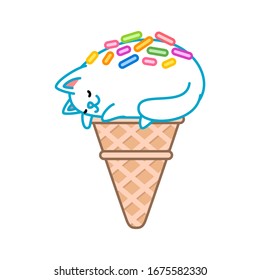 Cute cat ice-cream. Illustration of a ice-cream looks like a sleeping white kitten in a waffle cone. Vector 8 EPS.