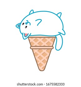 Cute cat ice-cream. Illustration of a ice-cream looks like a kawaii white kitten lying on his back in a waffle cone. Vector 8 EPS.