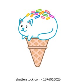 Cute cat ice-cream. Illustration of a ice-cream looks like a kawaii white kitten lying in a waffle cone. Isolated objects. Vector 8 EPS.