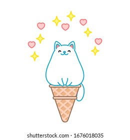 Cute cat ice-cream. Illustration of a sparkling ice-cream looks like a kawaii white kitten sitting in a waffle cone. Isolated objects. Vector 8 EPS.