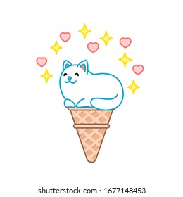 Cute cat ice-cream. Illustration of a sparkling ice-cream looks like a white cat sitting in a waffle cone. Isolated 
objects. Vector 8 EPS.