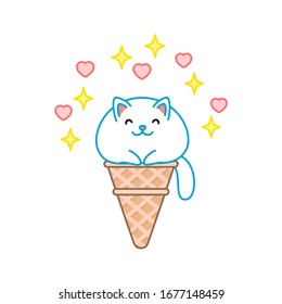 Cute cat ice-cream. Illustration of a sparkling ice-cream looks like a fat white cat sitting in a waffle cone. Isolated objects. Vector 8 EPS.