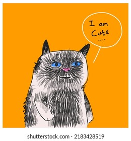 Cute cat icon character hand drawn vector illustration. Isolated on orange,yellow background.