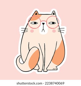 Cute cat icon. Serious kitten with glasses, symbol of wisdom and learning. Poster or banner for website. Mascot or toy for children, sticker for notebooks and books. Cartoon flat vector illustration