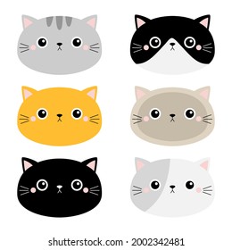 Cute cat icon set. Different breeds. Kitten face head silhouette. Funny kawaii cartoon baby character. Happy Valentines Day. Notebook sticker print template. Flat design. White background. Vector